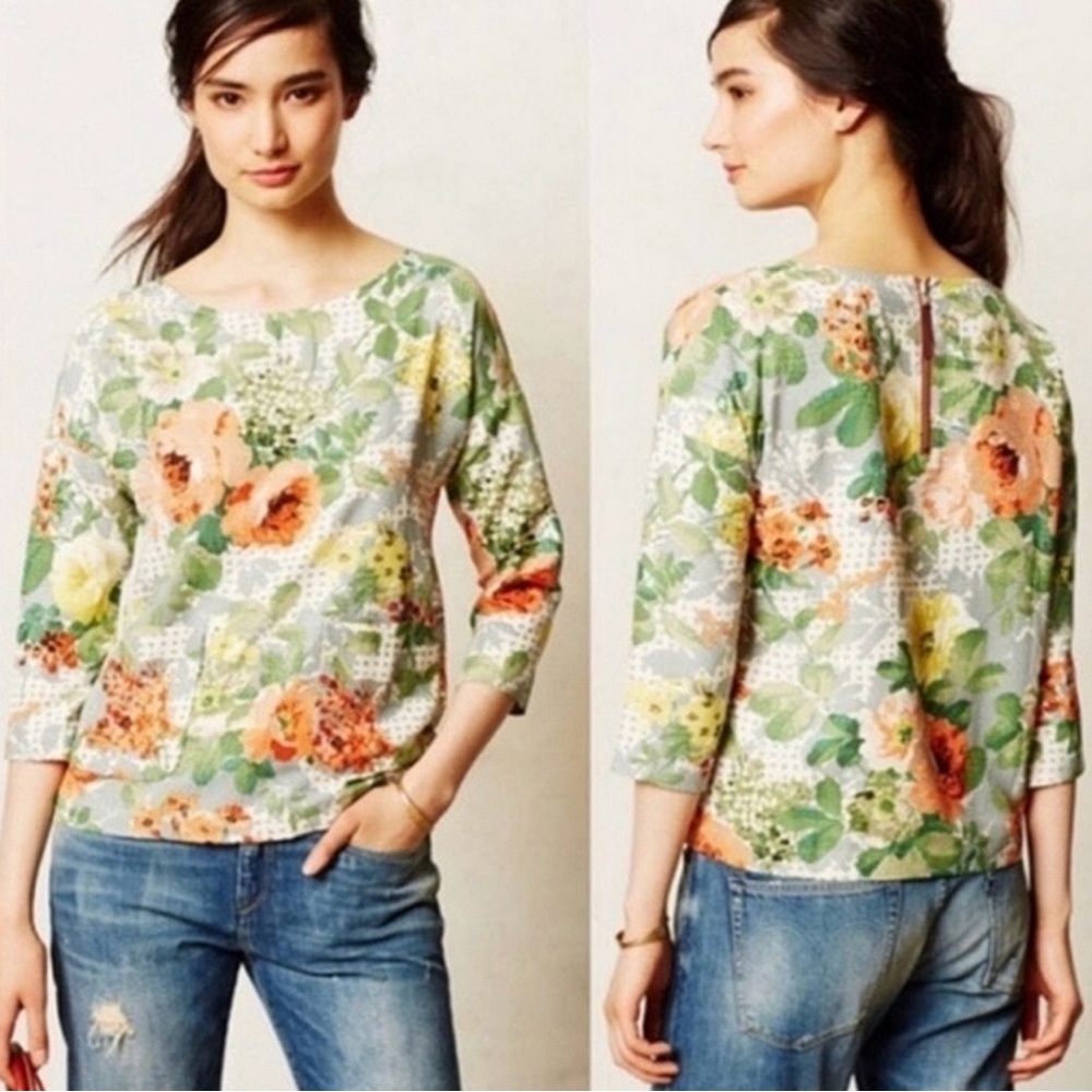 EUC Anthropologie HD IN PARIS Floral Bloomfield Front Patch Pockets Blouse Sz M